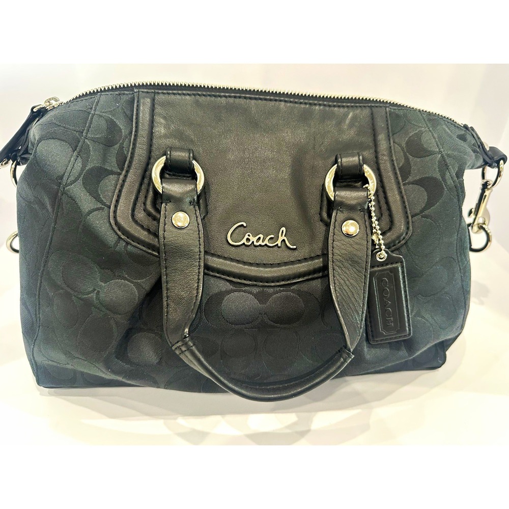 Coach Black Signature Monogram Satchel Zip Top Detachable Strap Charm Silver